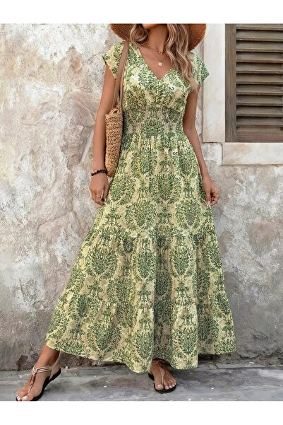 Iuliashop Rochie lungă Lora crem cu imprimeu verde - L