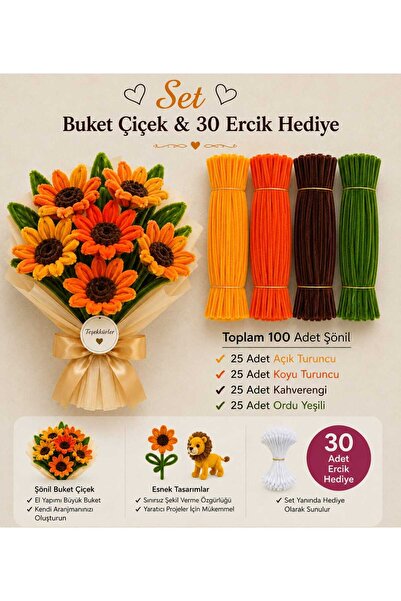 hyc heryerçiçeklenir Şönil Çiçek Yapım Seti 100 Adet (A.Turuncu,K.Turuncu,Kah...