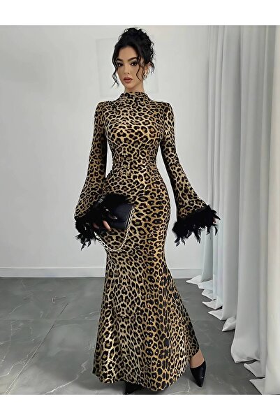 1way Leopard Print Dress with Feather Sleeves