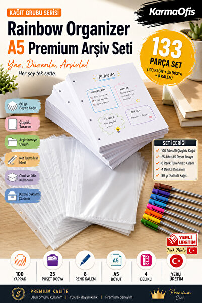 KarmaOfis A5 4 Delikli Çizgisiz Kağıt Seti 100 Yaprak + 25 Poşet Dosya + 8 Re...