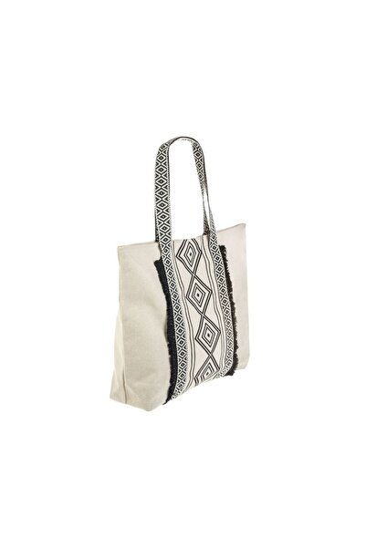 OEM Ecru Beach Bag with Patterned and Fringes, Zipper, Boho Style, 56x13.5x41cm