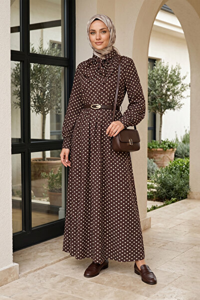 FERHEL Women's Collared, Tie-Waist, Polka Dot Patterned Viscose Cotton Dress ...