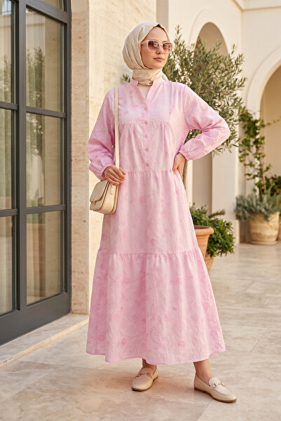 FERHEL Elastic Sleeves, Half Buttoned, Jacquard Printed, Parted Dress - Powder