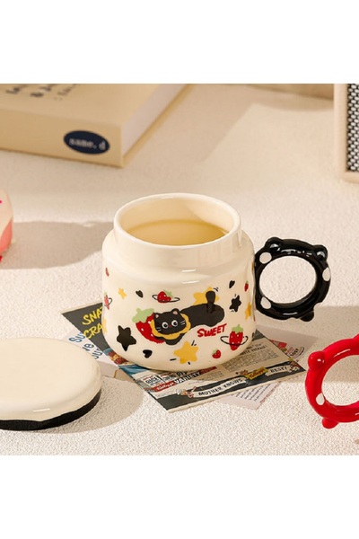 Livava Cute Black Cat Design Ceramic Mug with Lid Gift-Black