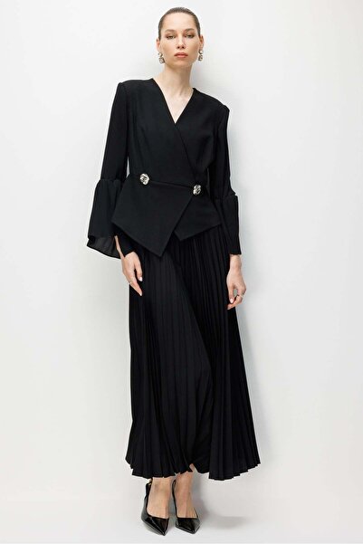 Moda İlgi Modailgi Pleated Sleeves Double Breasted Closure Pleated Long Dress