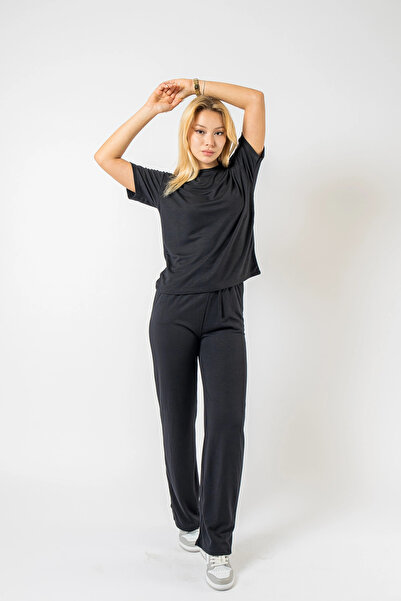 Bak Moda Modal Fabric Flat Leg Top and Bottom Black Set