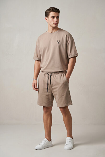 nacar çarşı Men's Beige Oversize T-Shirt and Shorts Two-Piece Set