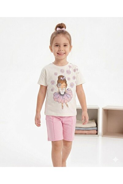 SERRASTIL Girl's Daisy Detailed Ballerina Printed Cotton Short Sleeve Shorts Set