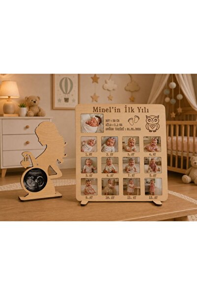 ArliaDesign Kişiye Özel İlk Yılım Ahşap Fotoğraf Çerçevesi - 12 Aylık Bebek Anı Panosu 3 MM MDF