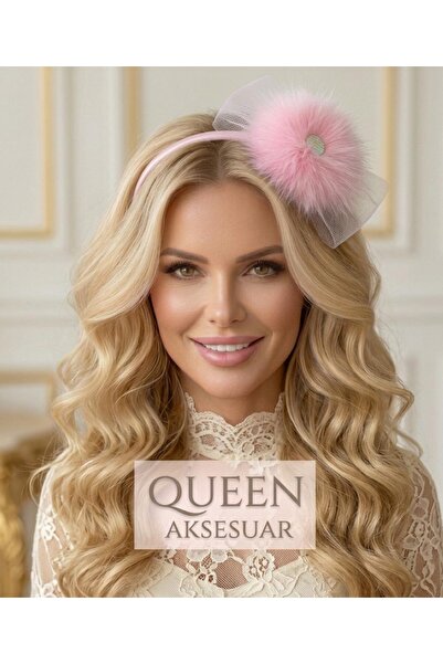 QUEEN AKSESUAR Pink Layered Tulle Bow Plush Feathered Stone Crown Women's Chi...