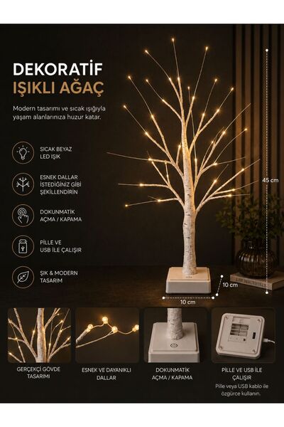 BCT STORE Dekoratif Ağaç Masa Lambası Pilli ve USB Kablosuz Ledli 5v