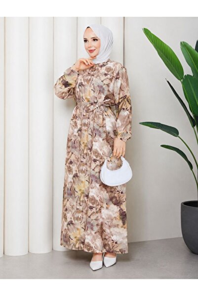Esra Butik78 %100 Pamuk Mango Kumaş Çiçek Desenli Boydan Düğmeli Tesettür Elbise