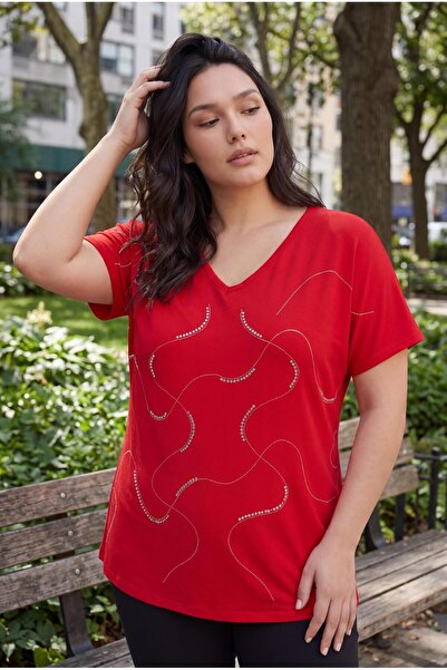 Ebsumu Women's Plus Size Stone Printed Extra Comfortable Red Blouse