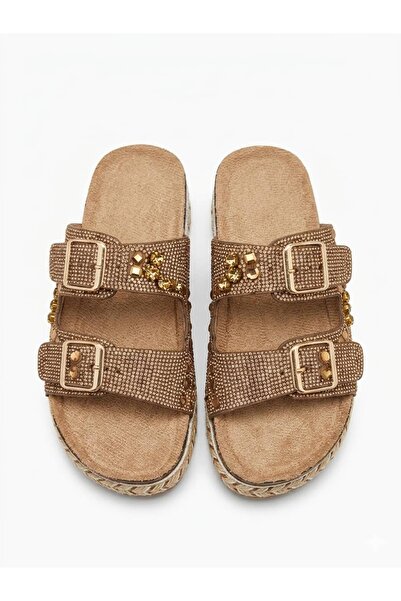 diclepolat Women's Brown Suede Gold Stone Double Buckle Platform Slippers Thi...