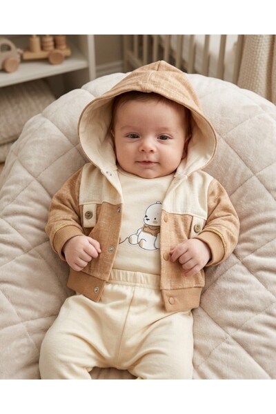 voyyo kids baby Baby Boy 3-Piece Seasonal Hooded Teddy Bear Detailed Cute 3-P...