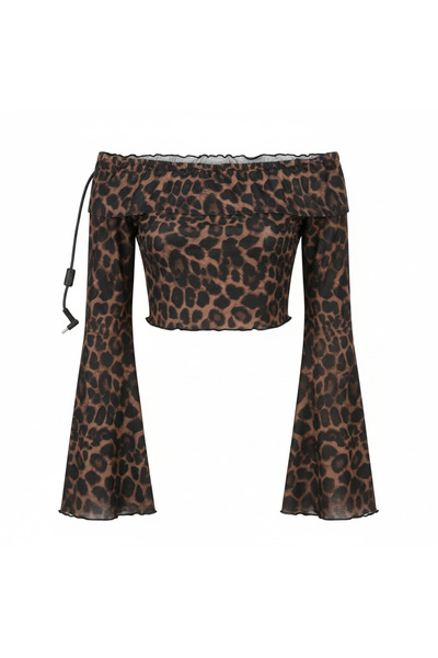 Generic Women's Leopard Print Off-The-Shoulder Bell Sleeve Crop Top