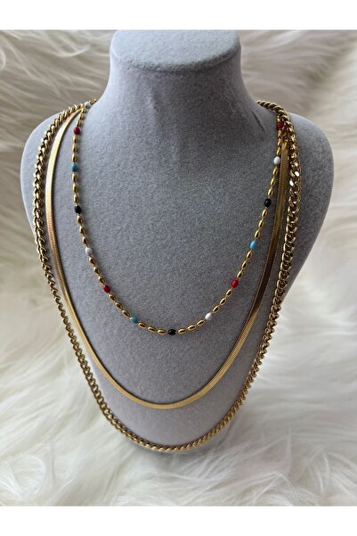 GK LUXURY & FASHION قلادة أورا متعددة الطبقات مع تفاصيل خرز ملونة من الفولاذ ...