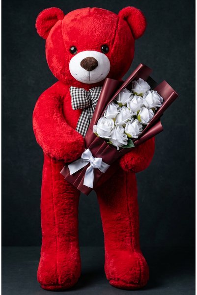 lenostra Red Plush Teddy Bear with Burgundy Bouquet and White Rose Gift for Lover, Spouse, or Close Friend - Artificial Rose Bouquet