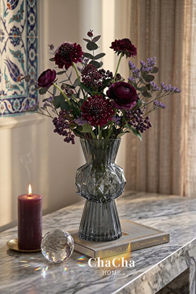 ChaCha Home Nova Geometric Design Smoked Glass Vase - Decorative Flower Holde...