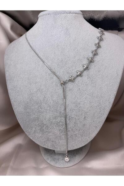 ZS Aksesuar Silver Color Flower Motif Adjustable Y Necklace with Pearl End El...