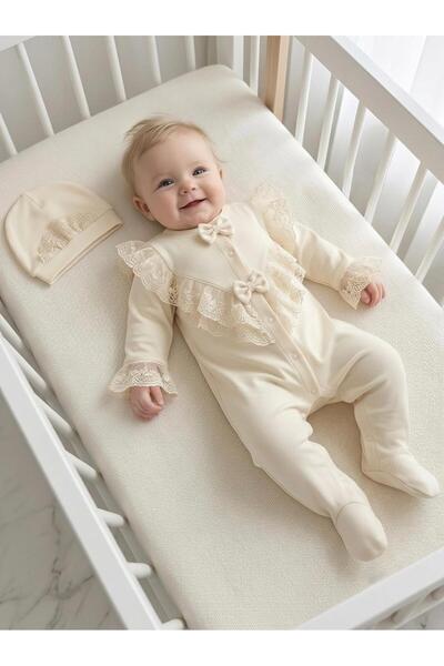Bebila Baby Baby Girl Mevlütlük Jumpsuit with Lace Hat, 100% Cotton, Hospital...