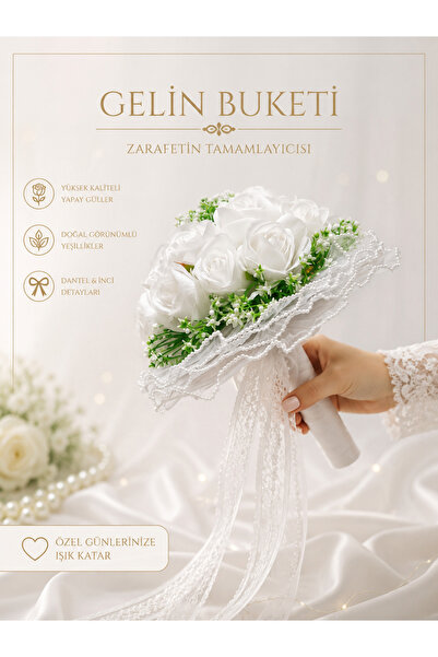 Acarflowers BEYAZ GÜLLÜ CİPSOLU GELİN BUKETİ