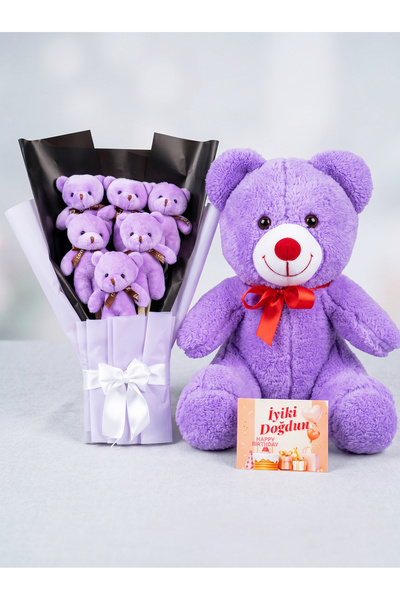 Linalux Gifts 35cm Mor Peluş Ayıcık Doğum Günü Kartı ve Mor Ayıcık Buketiyle ...