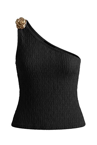 Cottonhill Premium - Tide Collection | Siyah Tek Omuz Çiçek Aksesuarlı Bürümc...