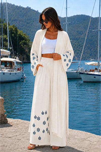 Pure Class Set kimono și pantaloni largi pentru femei, cu model Nazar Boncuk, de calitate premium |   Mărime unică |   Mărime STD