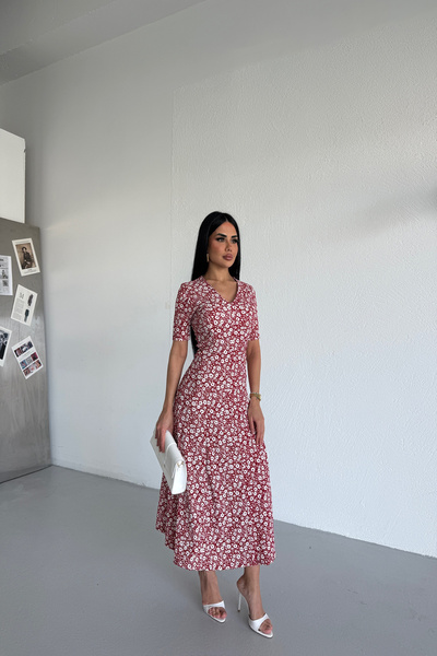 KAŞİHA V-Neck Flowered Wrinkled Fabric Lycra Dress