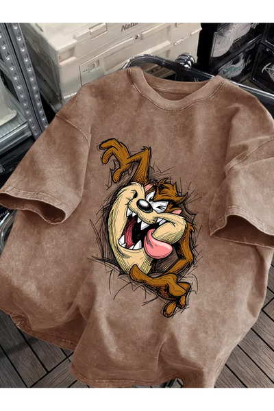 Toum Tasmanian Devil Printed Unisex Washable Vintage Oversize T-Shirt