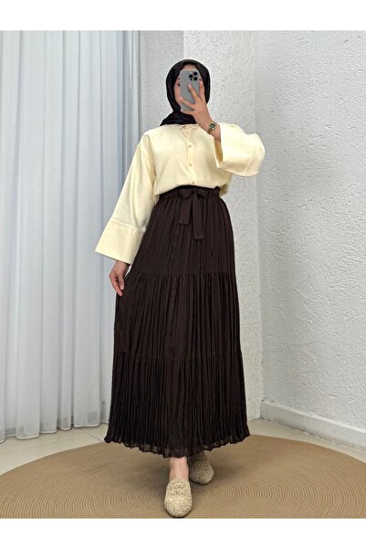 MİHRA STORE Güliz Embroidered Lined Chiffon Skirt-Aa3319.1 Brown