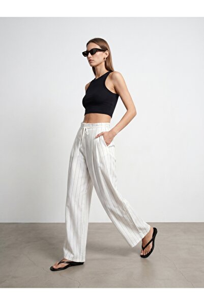 Dilvin 72725 Linen Blend Trousers with Pleated Detail - White