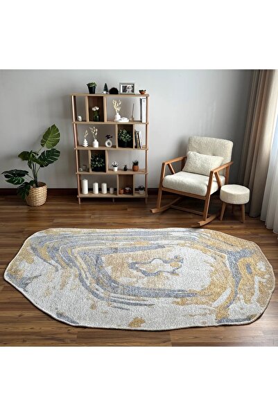 TÜRKERİ Çift Taraflı Hardal Gri Amorf Modern Salon Halısı Yıkanabilir Dekorat...