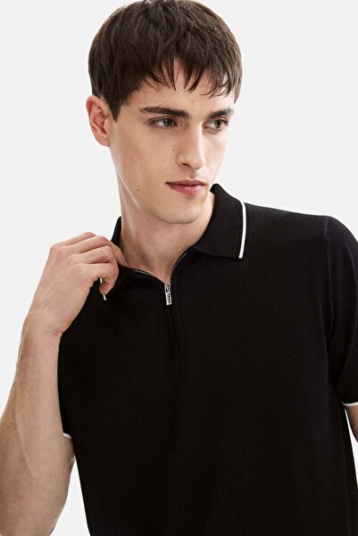 Back And Bond Black Zippered Polo Collar Regular Fit Knitted Sweater