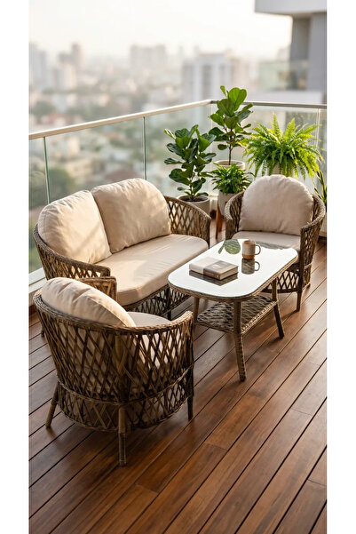 BÜROSARAY Krem Minderli Oval Cam Masalı Bahçe Balkon Oturma Grubu