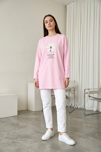 MODAQU Floral Embroidery Detailed Crew Neck Combed Cotton Tunic - Pink