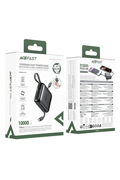 Acefast بنك طاقة M23 بسعة 10000 مللي أمبير مع كابلات Type-C و Lightning مدمجة وشحن سريع بقوة 22.5 واط