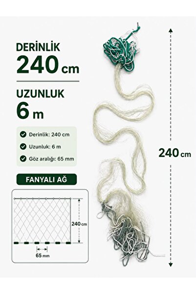 TD POWER Fanyalı Balık Ağı , Özel Yapım Ağ (Uzunluk :6m / Göz Aralığı :65mm /...