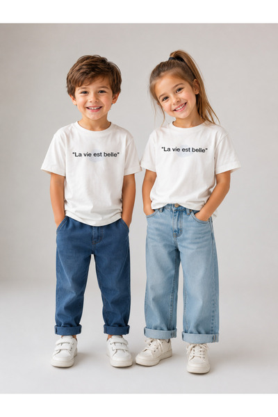 Motebarn Wear تي شيرت La Ciel للأطفال باللون الأبيض مطبوع عليه "La vie est be...