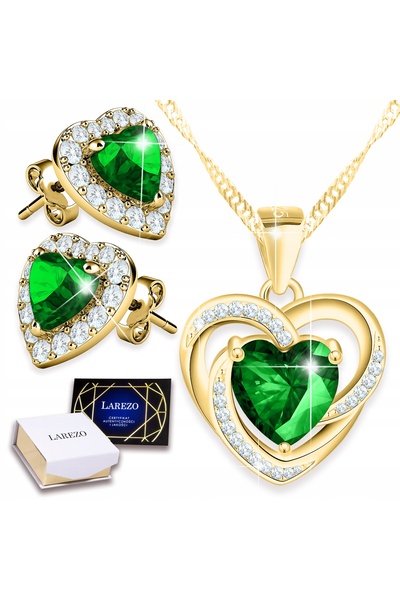 Larezo 14K Gold Plated Jewelry Top Bottom Set , Emerald Green Crystal Heart M...