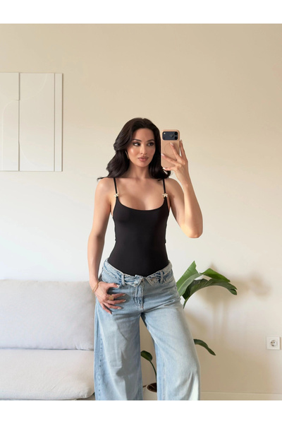 Zoom Butik Yıldız Aksesuar Bodysuit - SİYAH