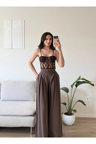 Zoom Butik Cırtlı Palazzo Pantolon - KAHVE