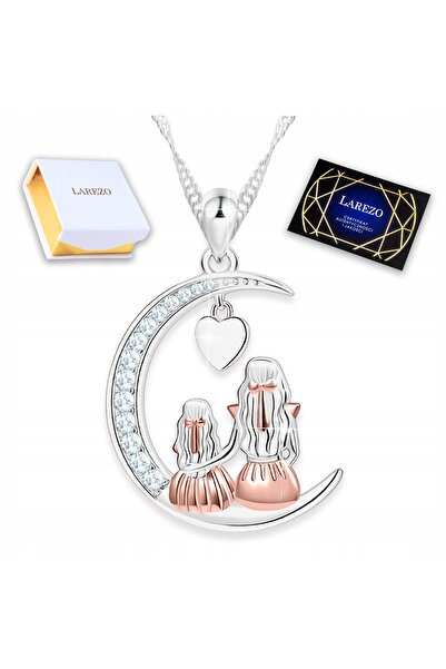Larezo 925 Silver Necklace, Mother and Child Crescent Pendant with Zircons fo...