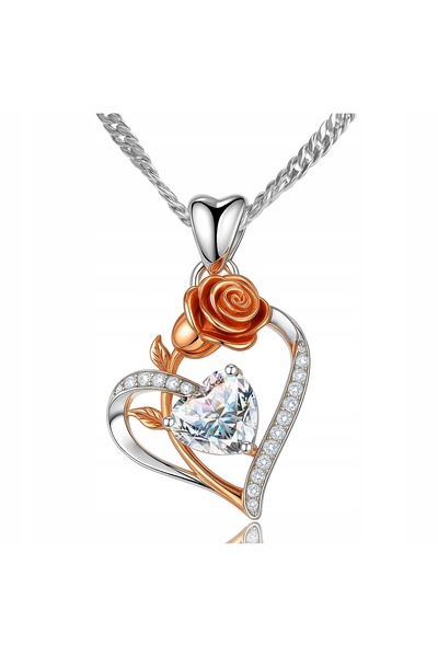 Larezo 925 Silver Necklace, White Crystal and Rose Gold Heart Pendant for Wom...