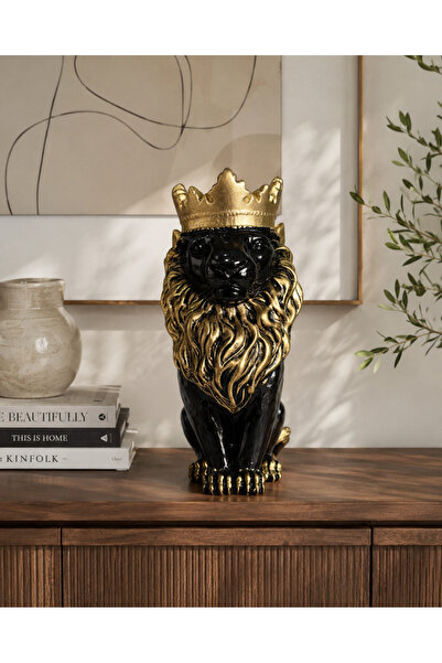 lowena home Premium Gold Taçlı Aslan Heykeli Dekoratif Salon-Konsol Objesi Si...