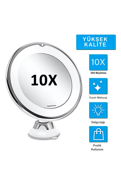 TeknoFaji 10X Büyüteçli Estetik Makyaj Aynası, 3 Mod Led Işık, Vantuzlu Kozme...