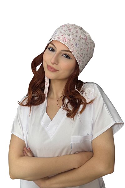 ÇİMEN BUTİK Pamuklu Poplin Cerrahi Ve Aşçı Bone Pembe Fiyonk Ve Çiçek Desenli