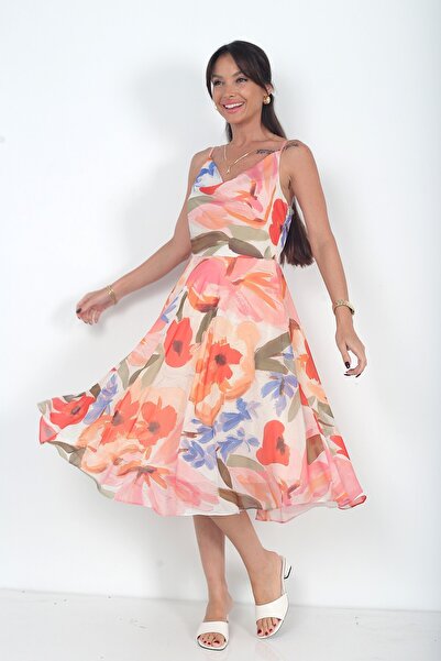 By Saygı Women's Degaje Collar Lined Floral Patterned Chiffon Midi Dress