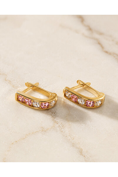Sarezza Gold 14 Ayar Altın Pembe Beyaz Taşlı Sıralı Çocuk Halka Küpe